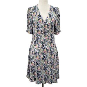 Boden Womens Lemon Floral Mini Dress 8P V-Neck Puff Sleeve Pockets Jersey Summer